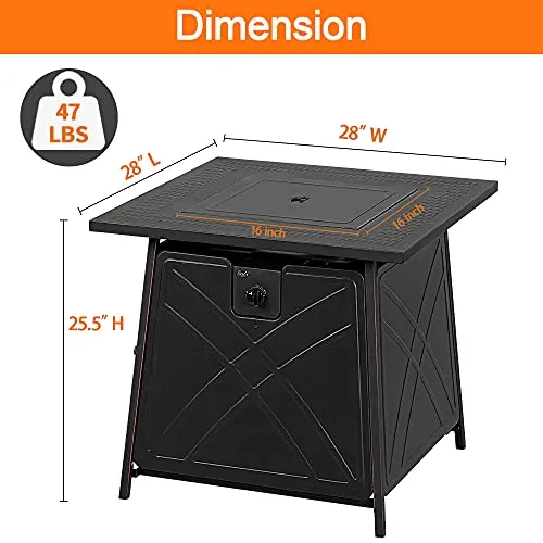 BALI OUTDOORS Firepit LP Gas Fireplace 28" Square Table 50,000BTU Fire Pit, Black