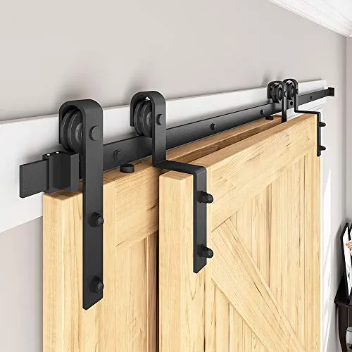 SMARTSMITH 8ft Bypass Barn Door Hardware Kit, Upgraded Bypass Sliding Door Hardware Track for Double Wooden Doors, J Shape Hanger Sliding Door Hardware Kit, Easy Install
