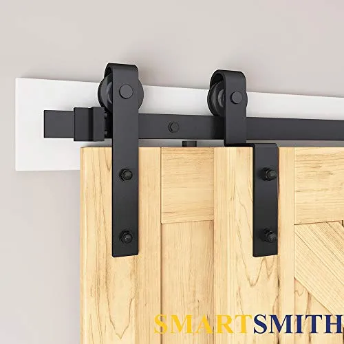 SMARTSMITH 8ft Bypass Barn Door Hardware Kit, Upgraded Bypass Sliding Door Hardware Track for Double Wooden Doors, J Shape Hanger Sliding Door Hardware Kit, Easy Install