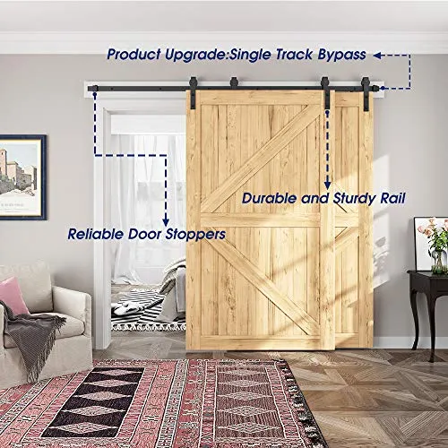 SMARTSMITH 8ft Bypass Barn Door Hardware Kit, Upgraded Bypass Sliding Door Hardware Track for Double Wooden Doors, J Shape Hanger Sliding Door Hardware Kit, Easy Install