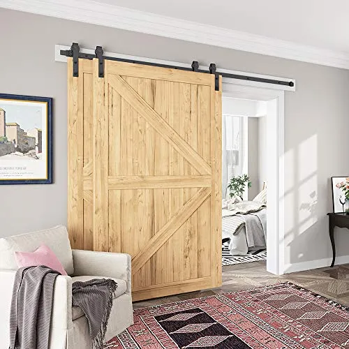 SMARTSMITH 8ft Bypass Barn Door Hardware Kit, Upgraded Bypass Sliding Door Hardware Track for Double Wooden Doors, J Shape Hanger Sliding Door Hardware Kit, Easy Install