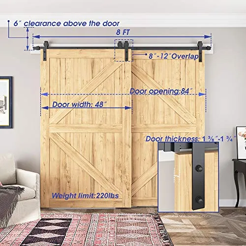SMARTSMITH 8ft Bypass Barn Door Hardware Kit, Upgraded Bypass Sliding Door Hardware Track for Double Wooden Doors, J Shape Hanger Sliding Door Hardware Kit, Easy Install