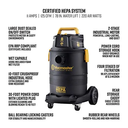 Vacmaster Pro 8 gallon Certified Hepa Filtration Wet/Dry Vac