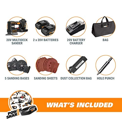 WORX WX820L.2 20V 2.0Ah Cordless Multi-Purpose Sander with 2 Batteries and 1 Charger