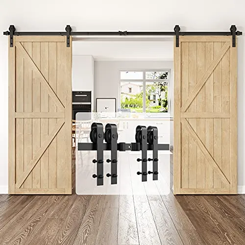 HomLxclx 12ft Heavy Duty Sturdy Sliding Barn Door Hardware Kit Double Door - Smoothly and Quietly-Easy to Install - Fit 1 3/8-1 3/4 inch Thickness Door Panel(Black)(J Shape Hangers)