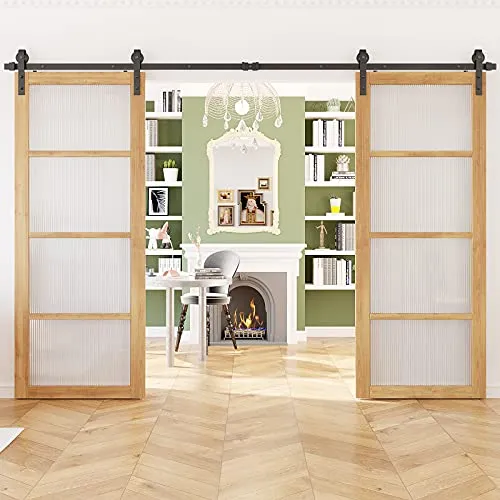 HomLxclx 12ft Heavy Duty Sturdy Sliding Barn Door Hardware Kit Double Door - Smoothly and Quietly-Easy to Install - Fit 1 3/8-1 3/4 inch Thickness Door Panel(Black)(J Shape Hangers)