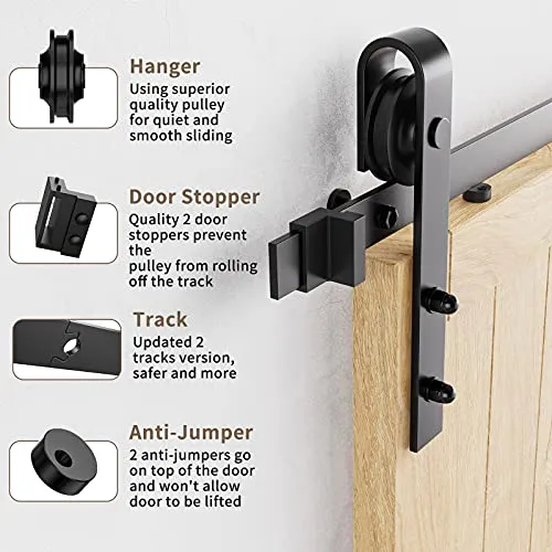 HomLxclx 12ft Heavy Duty Sturdy Sliding Barn Door Hardware Kit Double Door - Smoothly and Quietly-Easy to Install - Fit 1 3/8-1 3/4 inch Thickness Door Panel(Black)(J Shape Hangers)