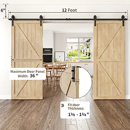 HomLxclx 12ft Heavy Duty Sturdy Sliding Barn Door Hardware Kit Double Door - Smoothly and Quietly-Easy to Install - Fit 1 3/8-1 3/4 inch Thickness Door Panel(Black)(J Shape Hangers)