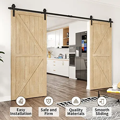 HomLxclx 12ft Heavy Duty Sturdy Sliding Barn Door Hardware Kit Double Door - Smoothly and Quietly-Easy to Install - Fit 1 3/8-1 3/4 inch Thickness Door Panel(Black)(J Shape Hangers)