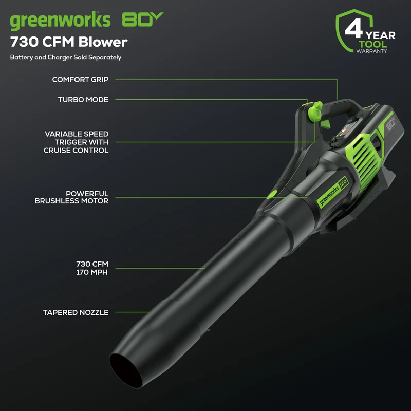 80V 730 CFM - 170 MPH Brushless Leaf Blower (Tool Only) BL80L02