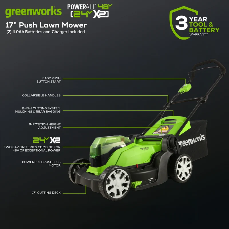 24V 4-Piece Combo – 17” Mower, 12” Trimmer, 320 CFM Blower, Shrubber Shear, (2) 4.0Ah Batteries & Dual-Port Charger