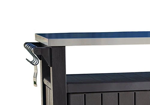 Keter Unity XL Portable Outdoor Table and Storage Cabinet with Hooks for Grill Accessories-Stainless Steel Top for Patio Kitchen Island or Bar Cart, Espresso Brown