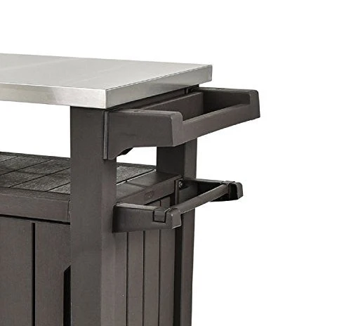 Keter Unity XL Portable Outdoor Table and Storage Cabinet with Hooks for Grill Accessories-Stainless Steel Top for Patio Kitchen Island or Bar Cart, Espresso Brown