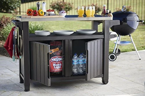 Keter Unity XL Portable Outdoor Table and Storage Cabinet with Hooks for Grill Accessories-Stainless Steel Top for Patio Kitchen Island or Bar Cart, Espresso Brown