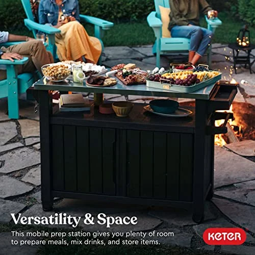 Keter Unity XL Portable Outdoor Table and Storage Cabinet with Hooks for Grill Accessories-Stainless Steel Top for Patio Kitchen Island or Bar Cart, Espresso Brown