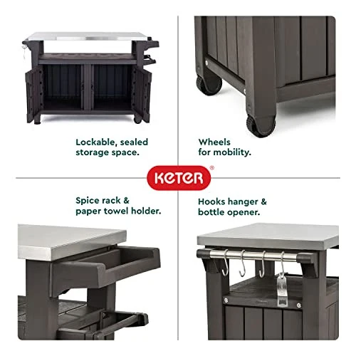 Keter Unity XL Portable Outdoor Table and Storage Cabinet with Hooks for Grill Accessories-Stainless Steel Top for Patio Kitchen Island or Bar Cart, Espresso Brown