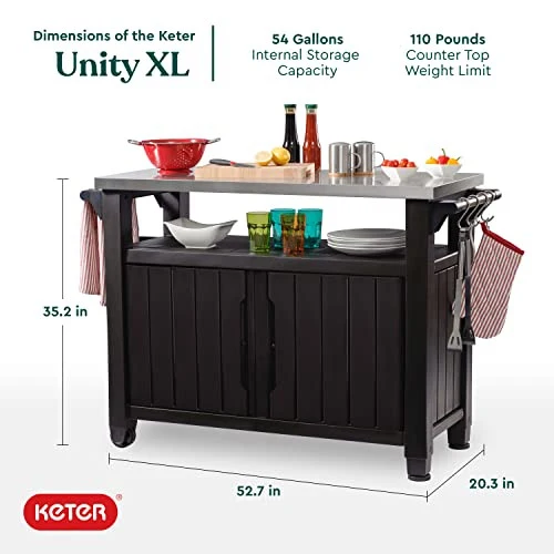 Keter Unity XL Portable Outdoor Table and Storage Cabinet with Hooks for Grill Accessories-Stainless Steel Top for Patio Kitchen Island or Bar Cart, Espresso Brown