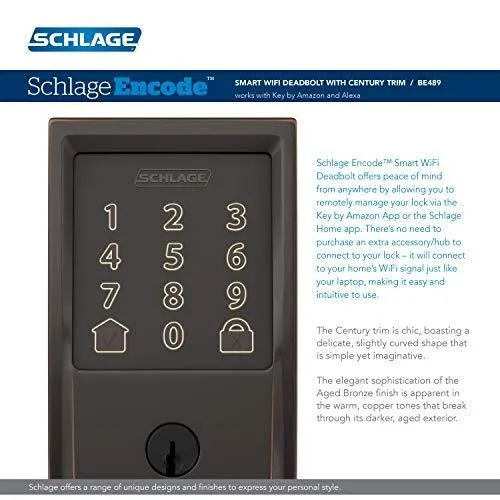 Schlage BE489WB CEN 716 Encode Deadbolt Smart Lock | WiFi Touchscreen Keypad, Aged Bronze