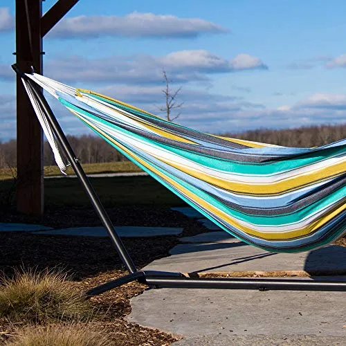 Vivere Double Cotton Hammock with Space Saving Steel Stand, Cayo Reef (450 lb Capacity - Premium Carry Bag Included)