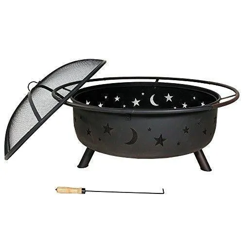 Sunnydaze Cosmic Outdoor Fire Pit - 42 Inch Large Bonfire Wood Burning Patio & Backyard Firepit for Outside with Round Spark Screen, Fireplace Poker, and Metal Grate, Celestial Design