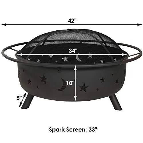 Sunnydaze Cosmic Outdoor Fire Pit - 42 Inch Large Bonfire Wood Burning Patio & Backyard Firepit for Outside with Round Spark Screen, Fireplace Poker, and Metal Grate, Celestial Design