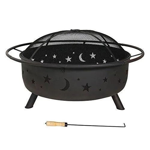 Sunnydaze Cosmic Outdoor Fire Pit - 42 Inch Large Bonfire Wood Burning Patio & Backyard Firepit for Outside with Round Spark Screen, Fireplace Poker, and Metal Grate, Celestial Design