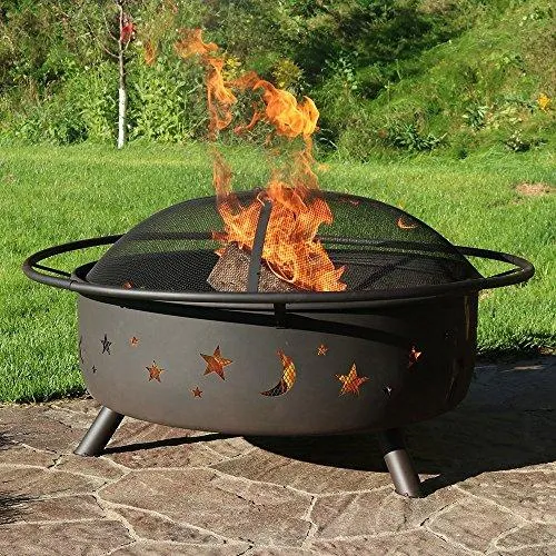 Sunnydaze Cosmic Outdoor Fire Pit - 42 Inch Large Bonfire Wood Burning Patio & Backyard Firepit for Outside with Round Spark Screen, Fireplace Poker, and Metal Grate, Celestial Design
