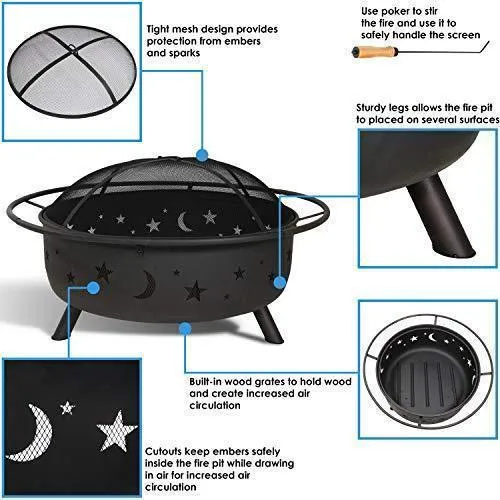 Sunnydaze Cosmic Outdoor Fire Pit - 42 Inch Large Bonfire Wood Burning Patio & Backyard Firepit for Outside with Round Spark Screen, Fireplace Poker, and Metal Grate, Celestial Design