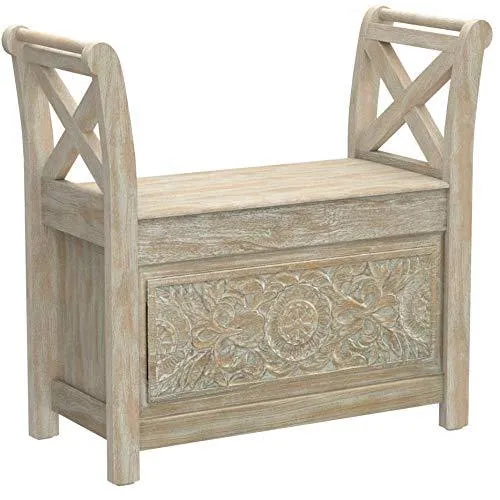 Signature Design by Ashley - Fossil Ridge Accent Bench - Carved Floral Pattern - Antique White
