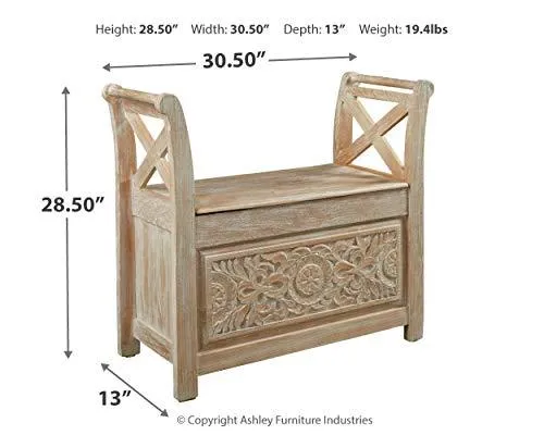Signature Design by Ashley - Fossil Ridge Accent Bench - Carved Floral Pattern - Antique White