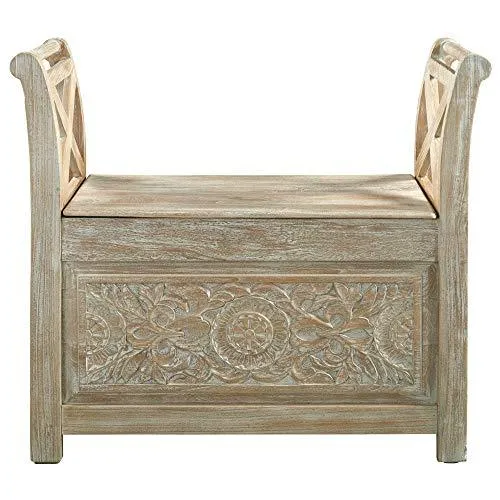 Signature Design by Ashley - Fossil Ridge Accent Bench - Carved Floral Pattern - Antique White