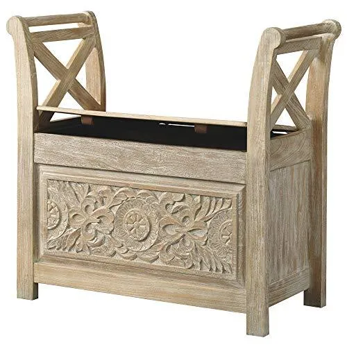 Signature Design by Ashley - Fossil Ridge Accent Bench - Carved Floral Pattern - Antique White