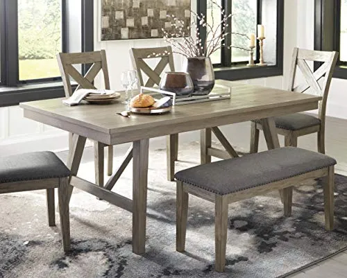 Signature Design by Ashley Aldwin Upholstered Dining Room Bench, Beige & Gray