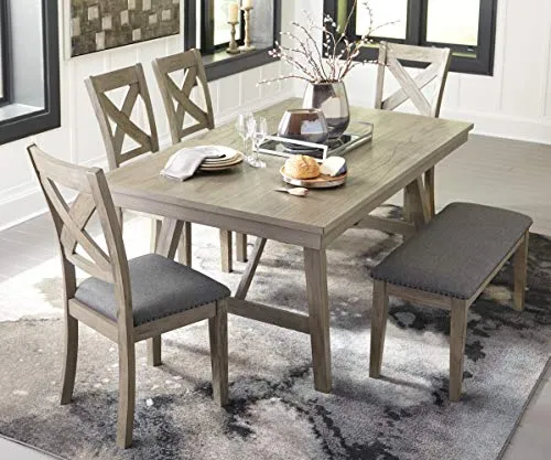 Signature Design by Ashley Aldwin Upholstered Dining Room Bench, Beige & Gray