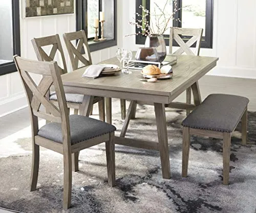 Signature Design by Ashley Aldwin Upholstered Dining Room Bench, Beige & Gray