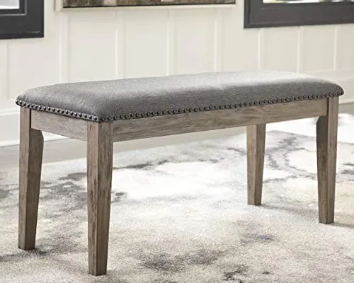 Signature Design by Ashley Aldwin Upholstered Dining Room Bench, Beige & Gray