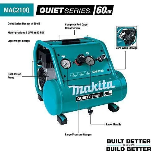 Makita MAC210Q Quiet Series, 1 HP, 2 Gallon, Oil-Free, Electric Air Compressor