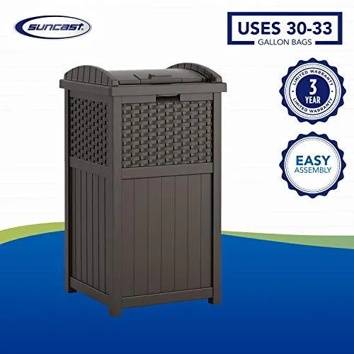 Suncast 33 Gallon Hideaway Can Resin Outdoor Trash with Lid Use in Backyard, Deck, or Patio, 33-Gallon, Brown