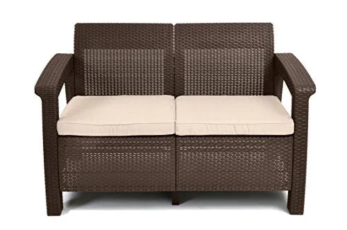Keter Corfu Resin Wicker Loveseat with Outdoor Cushions – Patio Furniture Perfect for Front Porch Décor and Poolside Seating, Brown