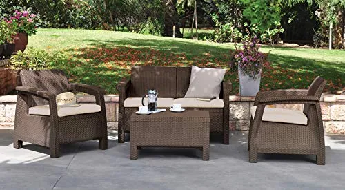 Keter Corfu Resin Wicker Loveseat with Outdoor Cushions – Patio Furniture Perfect for Front Porch Décor and Poolside Seating, Brown