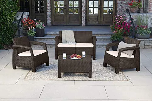 Keter Corfu Resin Wicker Loveseat with Outdoor Cushions – Patio Furniture Perfect for Front Porch Décor and Poolside Seating, Brown