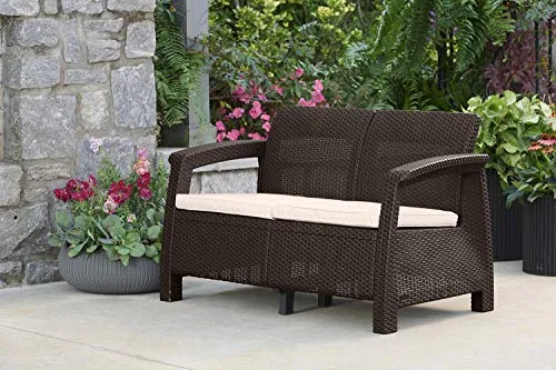 Keter Corfu Resin Wicker Loveseat with Outdoor Cushions – Patio Furniture Perfect for Front Porch Décor and Poolside Seating, Brown