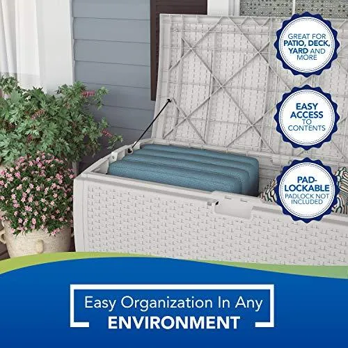 Suncast 99 Gallon Resin Wicker Patio Storage Box - Water Resistant Outdoor Storage Container for Toys, Furniture, Yard Tools - Store Items on Deck, Porch, Backyard - White