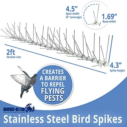 Bird-X STS-50 Regular Width 6-inch Stainless Steel Bird Spikes, Metal Roof Guard Pigeon Prevention, Rodent Deterrent, Animal and Pest Control Supplies, 50 feet