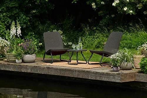 Keter Resin Wicker Patio Furniture Set with Side Table and Outdoor Chairs, Whiskey Brown