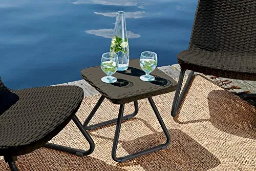 Keter Resin Wicker Patio Furniture Set with Side Table and Outdoor Chairs, Whiskey Brown