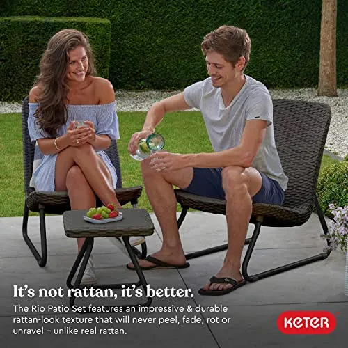 Keter Resin Wicker Patio Furniture Set with Side Table and Outdoor Chairs, Whiskey Brown