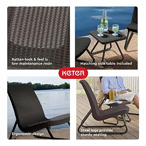 Keter Resin Wicker Patio Furniture Set with Side Table and Outdoor Chairs, Whiskey Brown