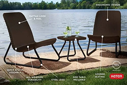 Keter Resin Wicker Patio Furniture Set with Side Table and Outdoor Chairs, Whiskey Brown
