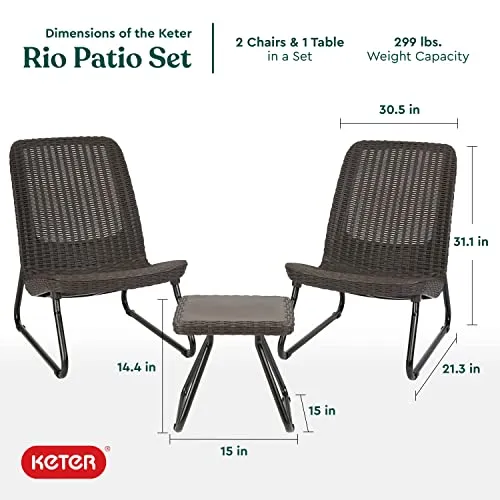 Keter Resin Wicker Patio Furniture Set with Side Table and Outdoor Chairs, Whiskey Brown